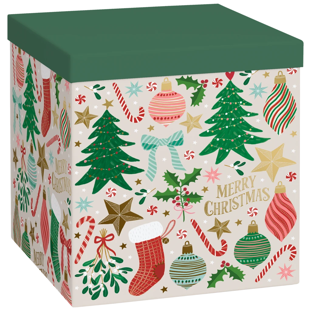 Geschenkbox „Charlize“ | 23×24×23 cm, 120 g/m², beige/dunkelgrün