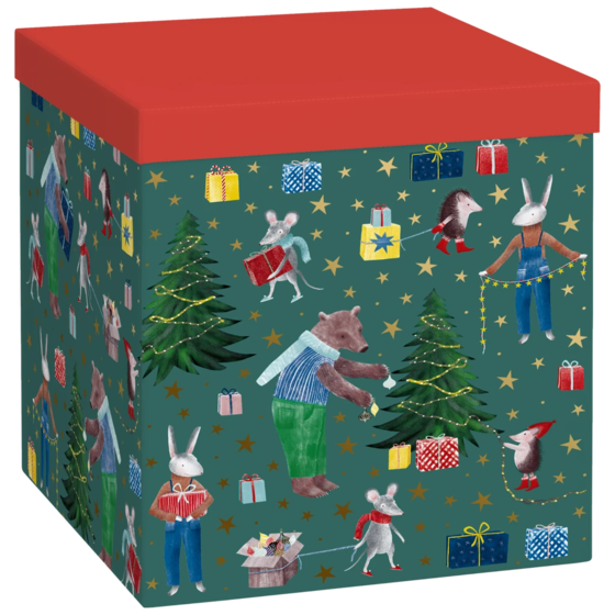 Geschenkbox „Melin“ | 23×24×23 cm, 120 g/m², rot/dunkelgrün