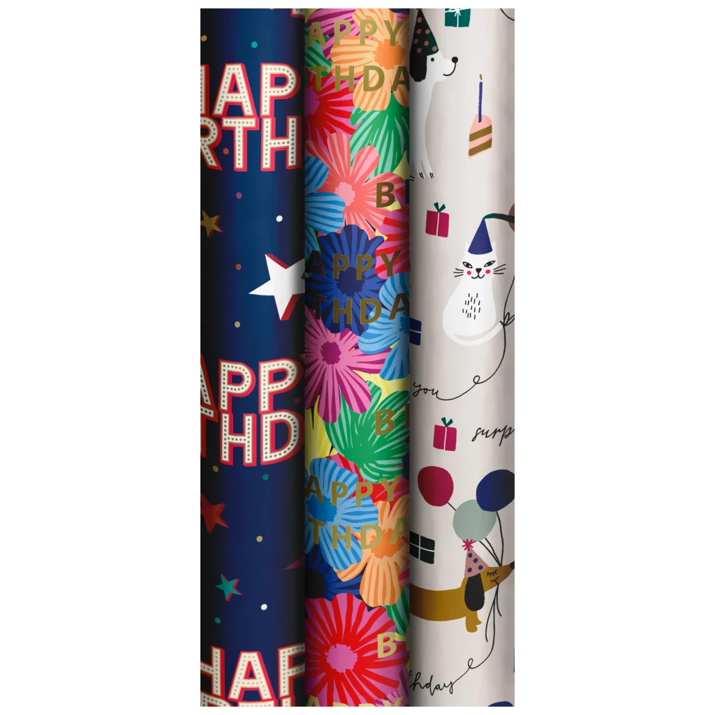 Geschenkpapier „Party Star“ | 70 cm × 1,5 m, 76 g/m², sortiert